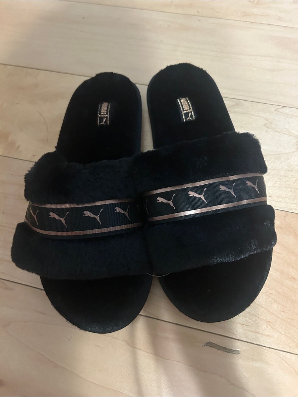 Puma Black Faux Fur Slide Sandals with Rose Gold Logo Band